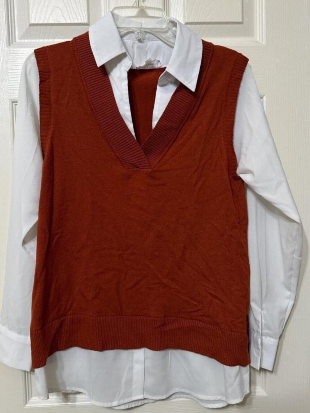 Burnt orange (brown-ish) and white button down sweater vest set #preppy - Picture 1 of 4
